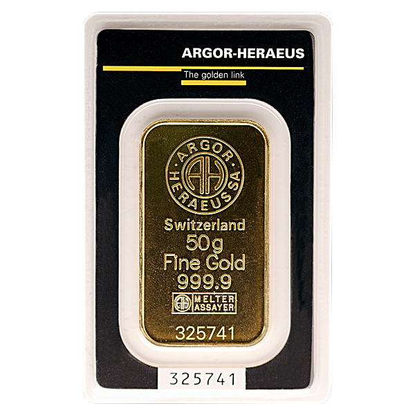 50 Gram Argor-Heraeus Swiss Gold Bullion Bar